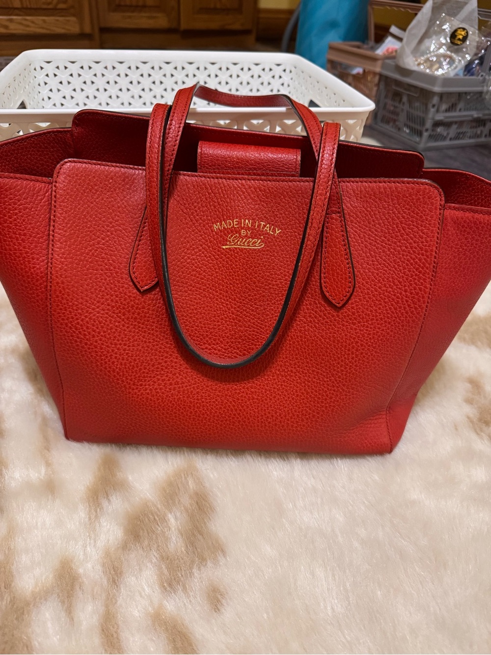 Gucci Red Pebbled Leather Swing Tote with Gold Logo